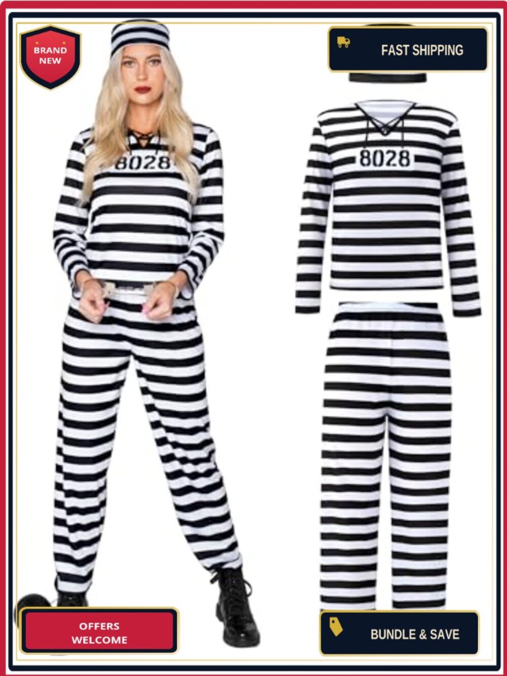 Women's Prisoner Halloween Costume Set Hat Pants Shirt Jailbird Outfit